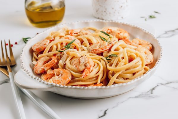 Pasta tagliatelle with shrimps